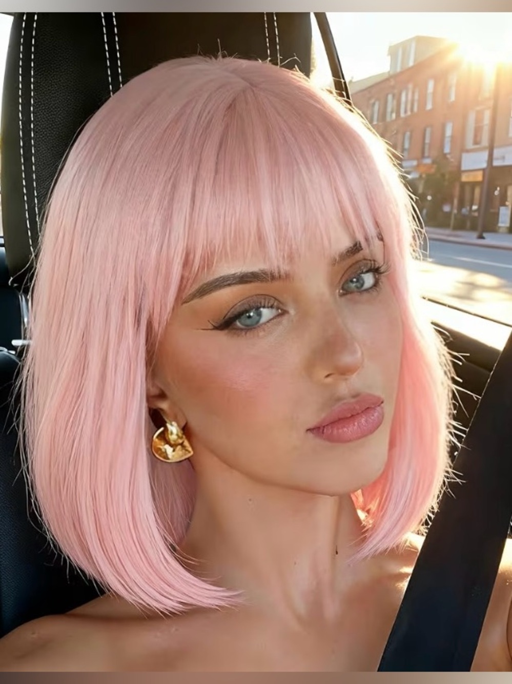 Light Pink Straight Bob Wig With Bangs